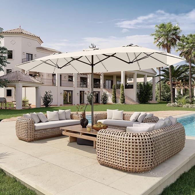 15FT Double Sided Patio Umbrella with Base Included Large Outdoor Market Umbrella with Crank Handle, UV Resistant Canopy, Sturdy Frame for Garden, Poolside, Deck, Creamy White