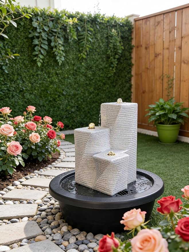 Modern Outdoor Garden Fountain with Flowing Water, 3-Tier Square Resin Water FeatureElectric Patio Yard Fountain with Circulating Pump, Contemporary Stone Look Decor