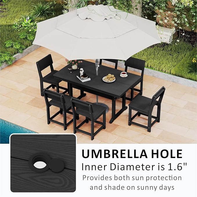 7-Piece HDPE Outdoor Patio Dining Set,Modern Plastic Dining Sets，Patio Table and Chairs Set with Umbrella Hole Cut-Out Table and 6 Chairs Black