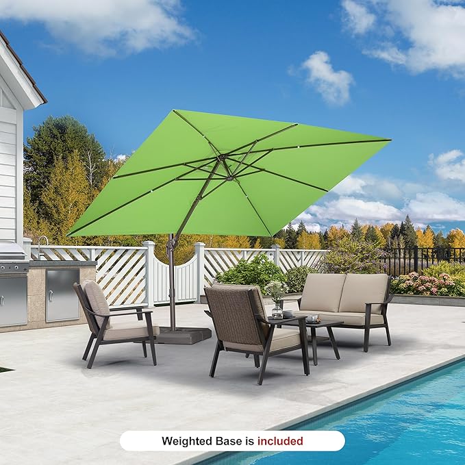 PURPLE LEAF 9' X 11.5' Rectangle Cantilever Umbrella with Base Patio Umbrella Outdoor Aluminum Antique Bronze Offset Hanging Umbrella with 360-degree Rotation for Pool Garden Backyard Deck, Green
