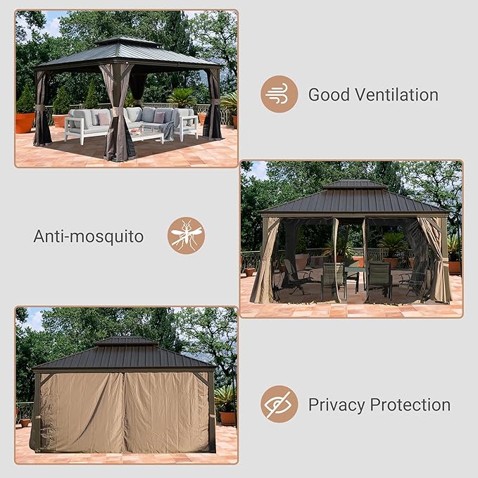 Domi 12' X 14' Hardtop Gazebo, Upgraded Metal Gazebo with Drainage System, Dual-Layer Galvanized Steel Roof, Curtain and Netting, Outdoor Shelter Canopy for Patio, Garden, and Backyard, Brown