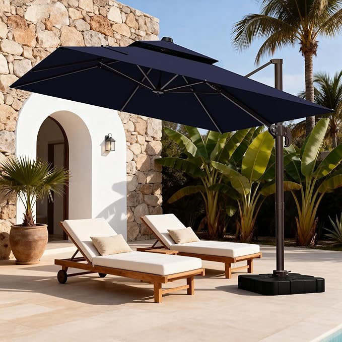 10x10Ft Patio Umbrella Outdoor Cantilever Rectangle Umbrella with Base Included, 6-Level Tilt & 360° Rotation Offset Umbrella for Garden, Deck, Pool(Navy Blue)