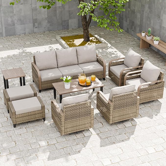 EAGLE PEAK Modern Wicker Outdoor Patio Furniture Set, Patio Conversation Set, 4 Swivel Rocker Chairs, 3-Seat Loveseat, 2 Ottomans, Coffee Table and Side Table, 9 Pieces, Brown/Gray