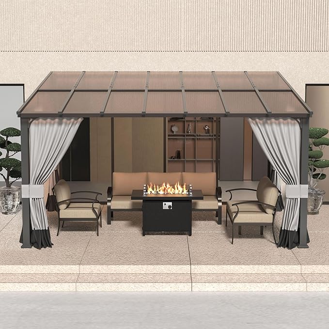 10' x 14' Lean to Gazebo,Large Wall Mount Heavy Duty Gazebos Pavilion,Outdoor Hardtop Pergola Shelter with Curtains and Netting,Sunshade for Patio Garden Lawn Backyard Deck,Grey