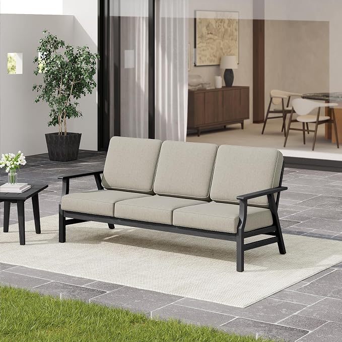 3 Pieces Patio Furniture Sets, Black Wood Outdoor Sectional Furniture with Coffee Table, 5 Seats Patio Sofa Couch Conversation Set for Backyard Deck - Light Camel