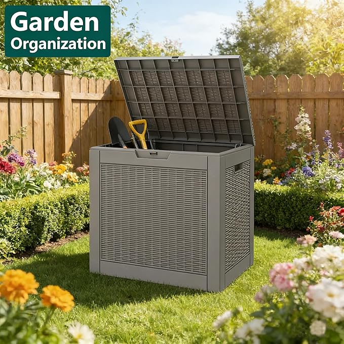Outdoor Storage Box, 31 Gallon Resin Deck Boxes Outdoor Waterproof For Patio Furniture, Garden Tools, Pool Supplies, Lockable And UV Resistant (Rattan Gray)