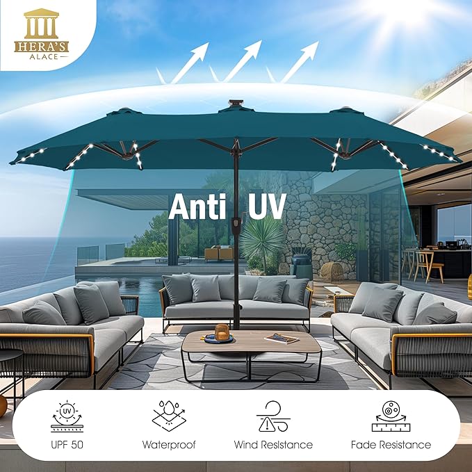 HERA'S PALACE 13ft Patio Umbrella with 120 LED Solar Lights Double Sided Outdoor Umbrella for Patio 8 Colors Changing Table Umbrella Outdoor Patio for Garden Pool