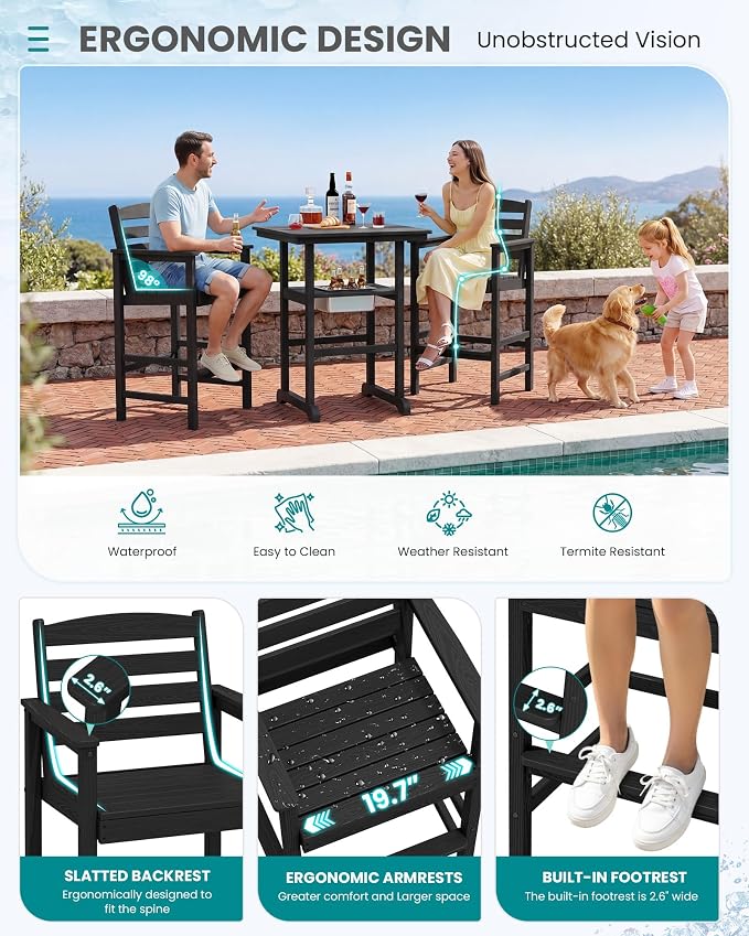 SERWALL Adirondack Bar Chairs and Table 8 Pieces Set, HDPE Bar Height Chairs Set of 2 and Bar Table with Ice Bucket, Outdoor Bar Stools Set for Dining, Balcony, Poolside, Backyard, Black