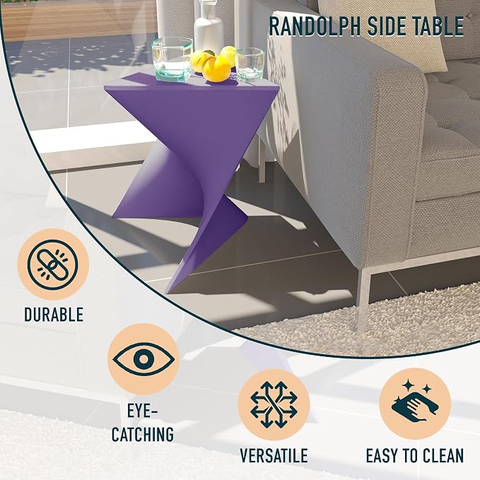 LeisureMod 15.75" Triangular Side Table, Stackable Plastic Accent End Table for Indoor & Outdoor Use, Weather-Resistant Modern Patio & Living Room Table, Set of 2, Purple