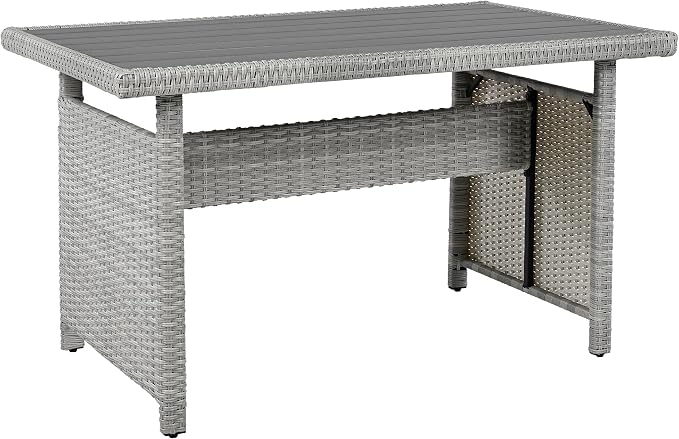 GDFStudio Brava Patio 5-Piece Conversation Set, Outdoor Rattan Sectional Sofa Set with Extendable Side Tables, Dining Table and Bench, L Shaped PE Wicker Furniture Set for Garden, Poolside, White