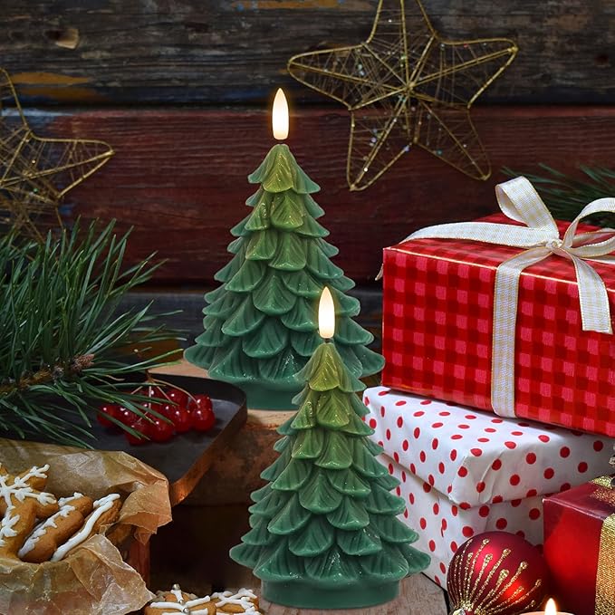 Wondise Christmas Tree Flameless Candles Timer, 2 Packs Green Real Wax Battery Operated 3D Wick LED Flickering Candles Realistic Christmas Tree for Christmas Holiday Indoor Dinner Decor(2.76" x 5.9")