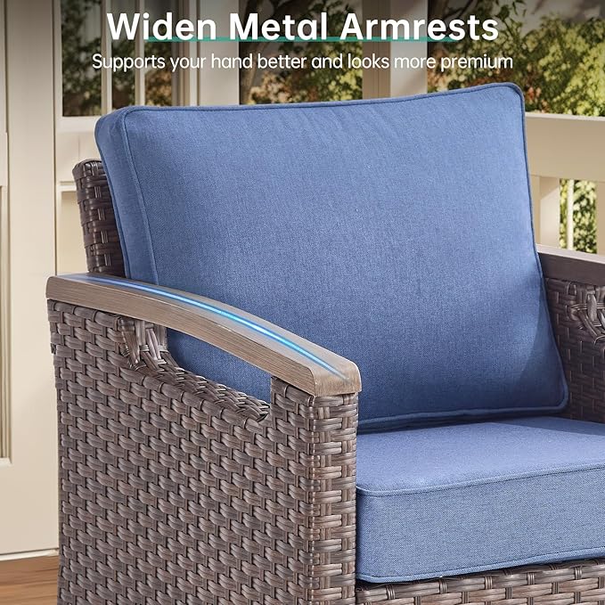 Luxury 5 Piece Heavy Duty Patio Furniture Set with Swivel Chairs - All Weather Wicker Comfort Thick Cushion Outdoor Conversation Set with Sofa & Coffee Table for Porch Poolside Deck - Blue