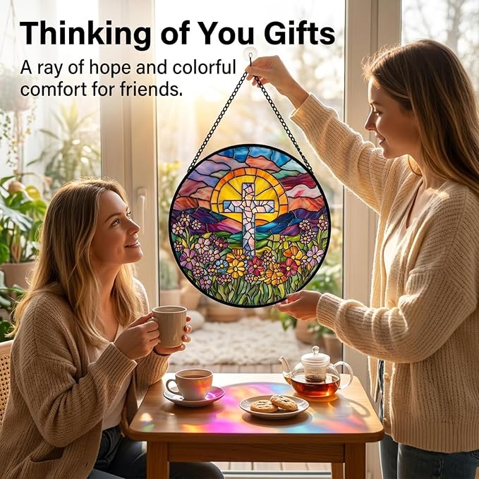 Christian Gifts for Women - Flower Cross Faux Stained Glass Window Hanging Sun Catcher for Acrylic Home Decor Mother's Day Christmas Easter Religion Gift for Mom Nana Men Grandma Wife Dad 9.8"