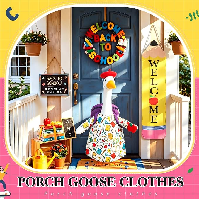 FuWeave Back to School Porch Goose Outfit Set for Plastic Statue Lawn Porch Goose Clothes with Schoolbag for Patio Decor