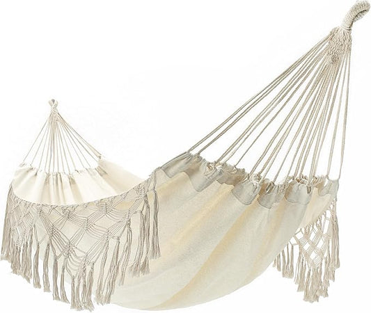 Double Boho Macrame Hammock Cotton Canvas Portable Replacement Hammock 440lbs Load Capacity White