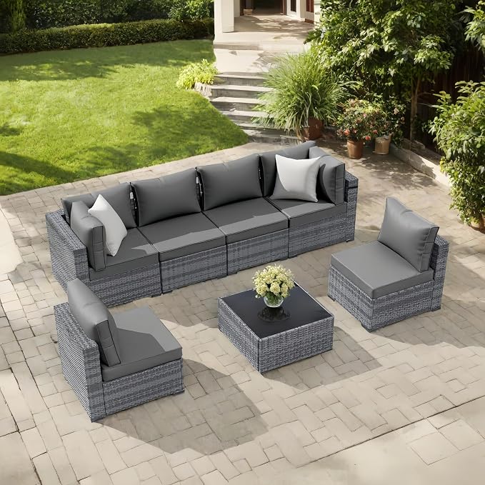 7-Piece Outdoor Rattan Sectional Sofa Set, Wicker Patio Furniture with Coffee Table, Grey Cushions, Patio Conversation Set for Your Villa, Balcony, Porch, Backyard