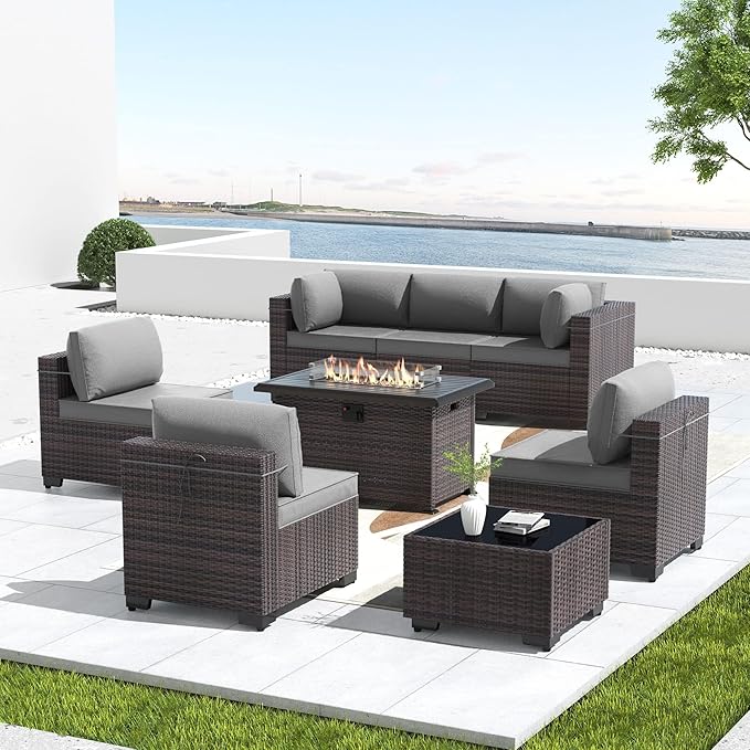 Kullavik 8 Pieces Outdoor Patio Furniture Set,Sectional Sofa Set with 43" 55000 BTU Gas Propane Fire Pit Table,Brown PE Rattan Wicker Patio Conversation Set,Grey
