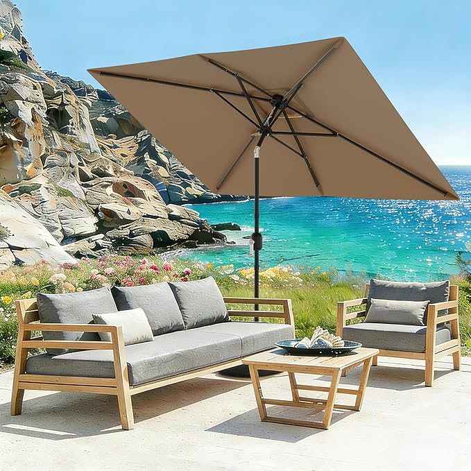 Garvee 10' x 6.5' Rectangular Patio Umbrella, Outdoor Table Umbrella with Crank and Push Button Tilt, Market Umbrella Sun Umbrella with 6 Sturdy Ribs Tilt for Garden, Deck, Lawn, Pool -Tan