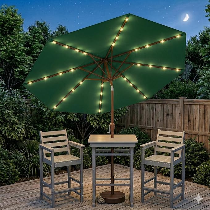 10FT Solar Lighted Patio Umbrella, Outdoor Table Market Umbrellas with Push Button Tilt and Crank, 32 LED Lights, 8 Sturdy Ribs, UV-Resistant for Deck, Garden, Pool