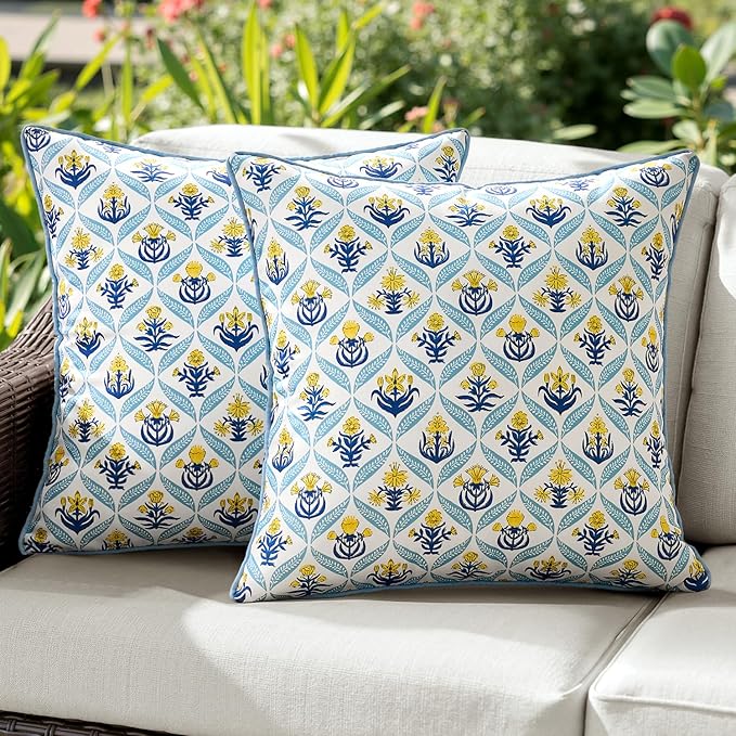 ANRODUO Floral Outdoor Pillow Covers 18x18 Waterproof Set of 2 Block Print Accent Decorative Cushion Cases with Refined Edge Piping for Summer Patio Porch Garden Couch Sofa Bench Decor Yellow