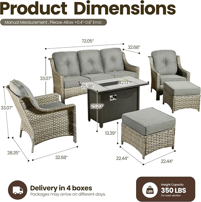 6 Piece Patio Furniture Set with Fire Pit Table, Outdoor Wicker High Back Sofa Chairs Ottoman with Comfy Cushions, Modern Conversation Sets for Backyard Deck Garden Poolside, Dark Gray