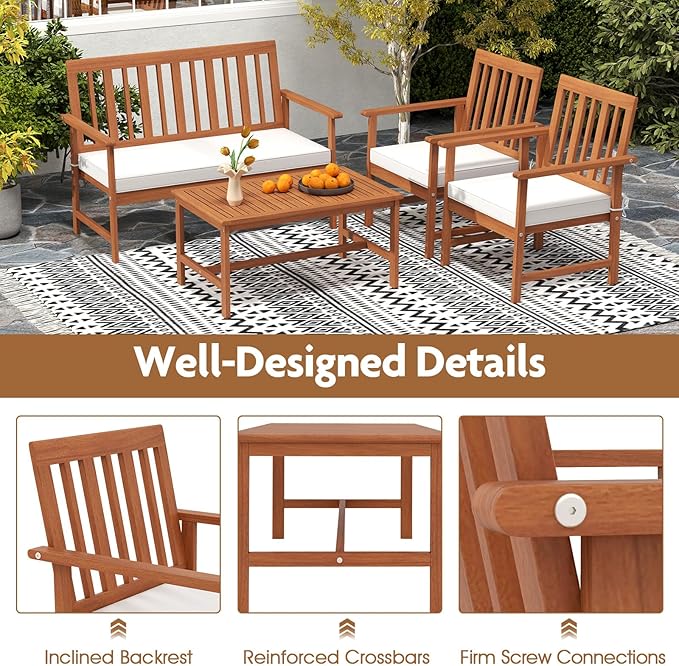 HAPPYGRILL 8 Pieces Acacia Wood Furniture Set, Patio Conversation Set w/Seat Cushions & Robust Wood Frame, Outdoor Loveseat Sofa, 4 Armchairs & 2 Coffee Table Set for Backyard, Porch, Poolside (2)