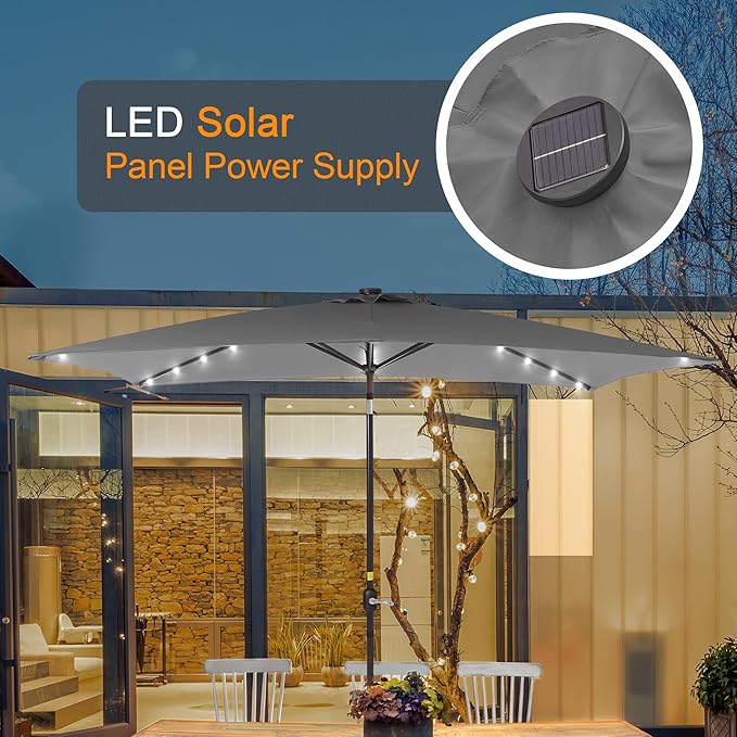 Rectangle Patio Umbrella with Solar Lights, 10 x 6.5ft Rectangular Outdoor Umbrella Table Market Patio Umbrella with Push Button Tilt and Crank for Garden, Deck, Backyard, Pool