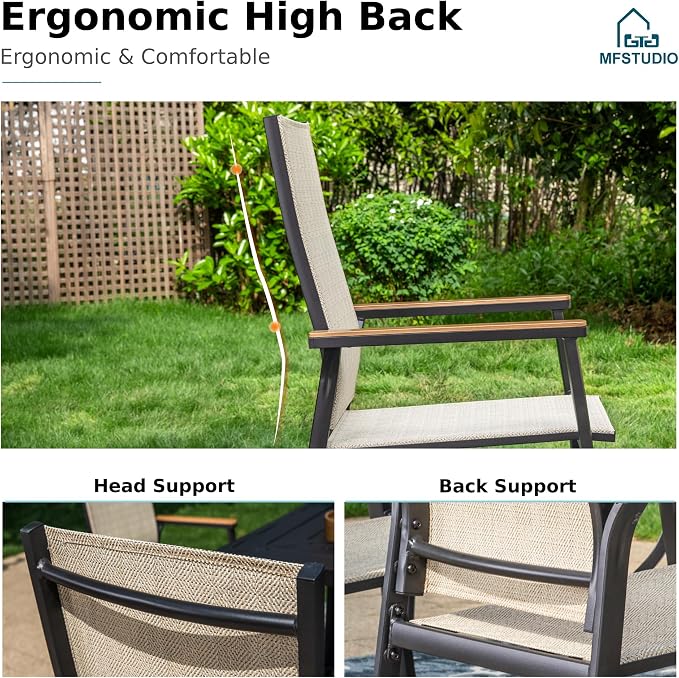 MFSTUDIO 9 Piece Outdoor Dining Set, Metal Table & Aluminum Chairs, Beige | Stackbale chairs, Light-weight & space-saving, Square Table, Umbrella Hole, Patio deck, 8 person