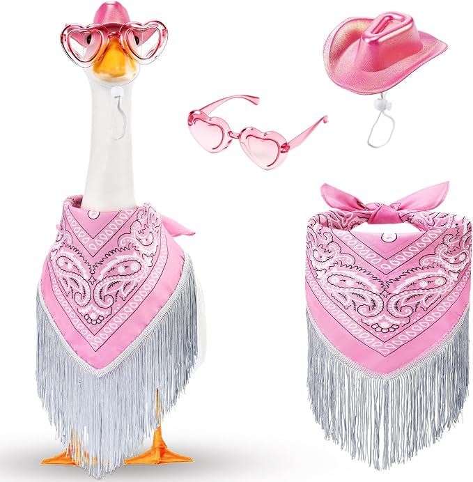 Disco Cowgirl Porch Goose Outfit 23" Cement Goose Statue Fringe Bandana Sunglasses for Summer Lawn Desk Patio Yard (Pink)