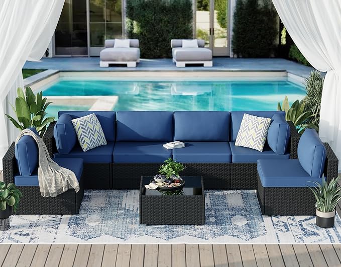 7-Piece Outdoor Patio Furniture Set, Modular PE Rattan Sectional Sofa with Thick Cushions & Glass Coffee Table, Weather-Resistant Wicker Conversation Set for Poolside, Balcony, Garden, Aegean Blue