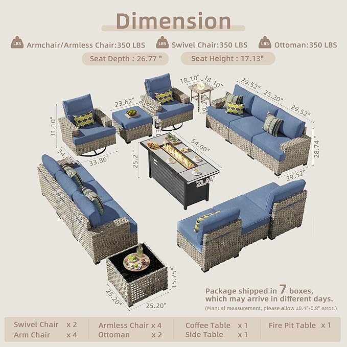 15-Piece Outdoor Sectional Sofa Set w/ 54" Fire Pit – L-Shaped Wicker Patio Furniture, Deep Seating & Swivel Rockers, Light Blue