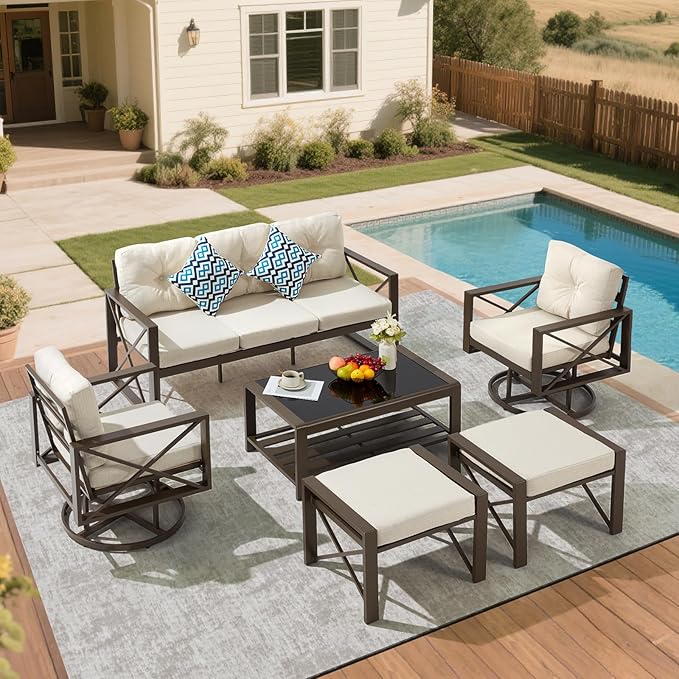 6 Pieces Metal Patio Furniture Set, Outdoor Seating Furniture with Swivel Chairs and Ottoman Ideal for Indoor Porch Deck Bistro Lawn Garden Backyard Poolside-Beige
