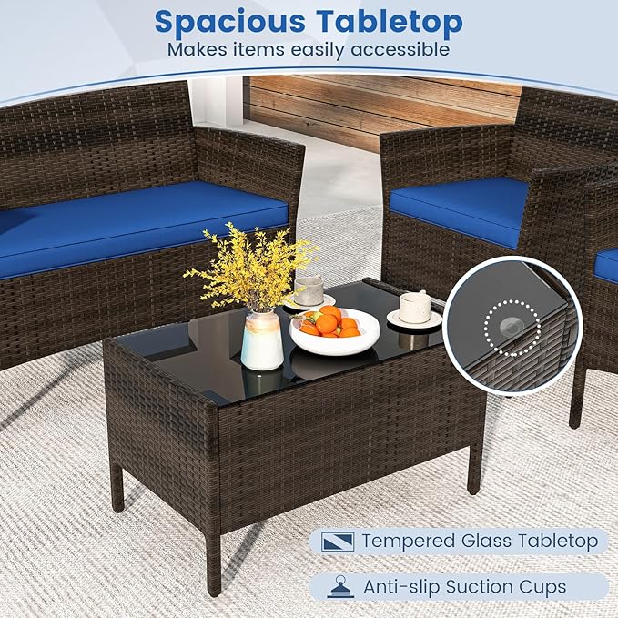 DORTALA 4-Piece Rattan Patio Furniture Set, Outdoor Table & Chair Set with Tempered Glass Coffee Table, Cushion, Wicker Conversation Set for Garden, Lawn, Poolside and Backyard, Navy