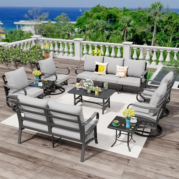 9 Piece Patio Furniture Set, 4 Single Swivel Chairs, Rope Braided Exposed with Thick Cushions, Outdoor All Weather Patio Conversation Sectional Sofa Set for Garden, Porch, Lawn, Grey