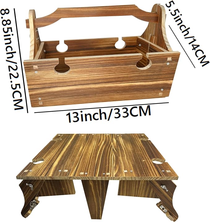 Wooden Folding Picnic Table with Storage Basket - 2-in-1 Portable Outdoor Table with Wine Glass Holder, Ideal for Champagne, Snacks and Beach or Park Picnics (Vintage)