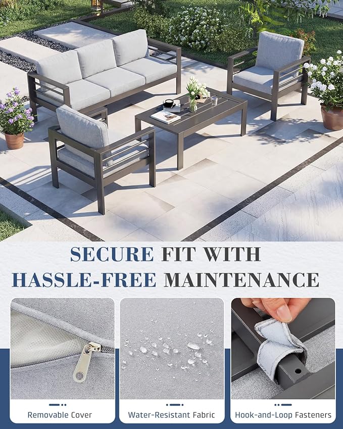 AECOJOY Aluminum Patio Furniture Loveseat, Modern Outdoor Furniture with Washable 5 inch Thick Cushion, Light Gray