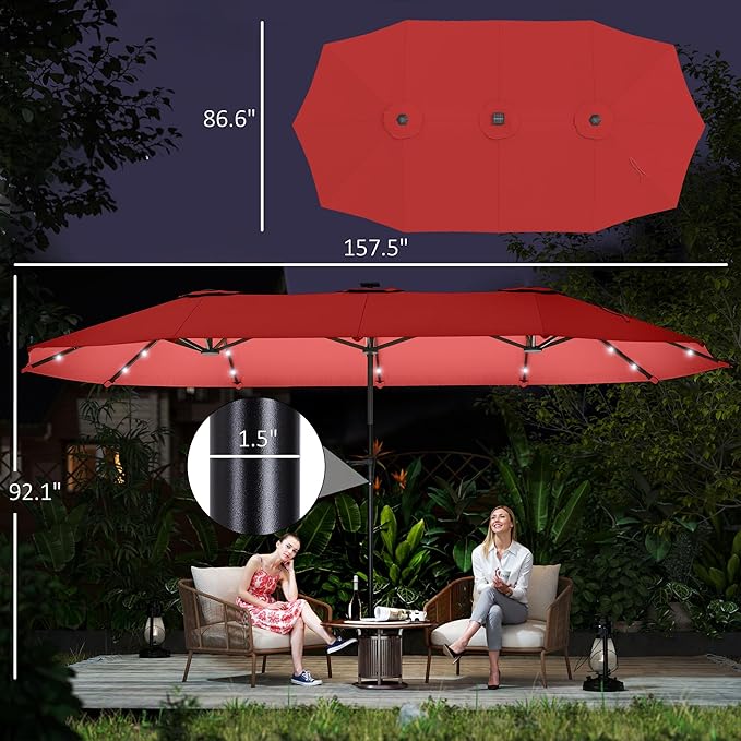 Outsunny 13ft Large Patio Umbrella with Solar Lights, Rectangular Double-Sided Outdoor Market Umbrella with Crank Handle and 48 LED Bulbs for Garden, Pool and Backyard, UPF 30+