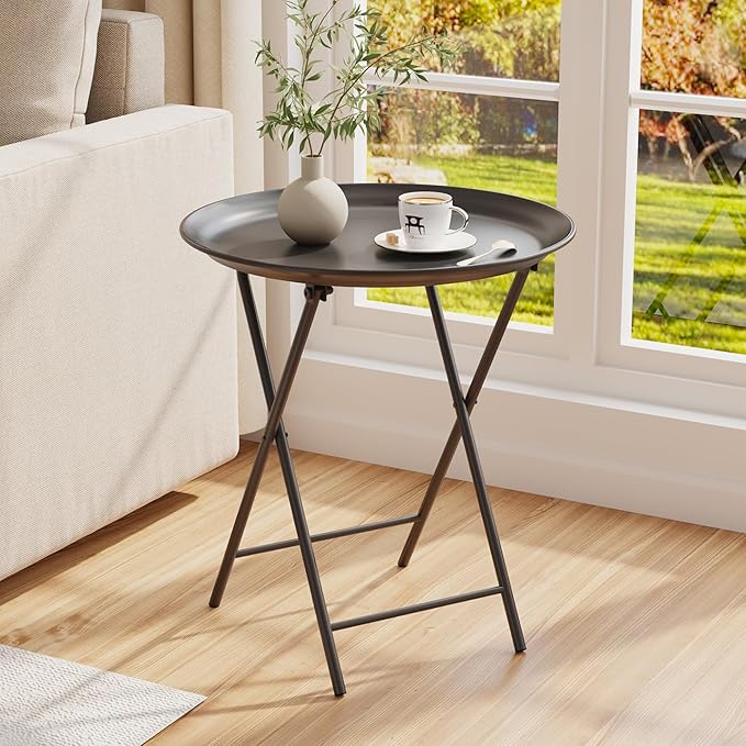 Garden 4 you Folding TV Tray Table, Metal Round Side Table, Black Dinner Table with Metal Frame, Modern Outdoor Tray Table for Living Room, Bedroom, Patio & Small Spaces, 1 Pack