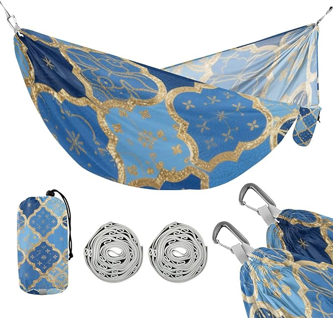 Blue and Gold Japanese Vintage Flowers 330lb Capacity Outdoor Hammock with Hanging Rope Rope Hammock for Indoor Outdoor Patio para ir de Camping