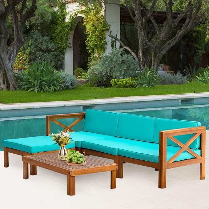 5-Piece Acacia Wood Outdoor Sofa Set Patio Bistro Set Furniture Outdoor Chat Conversation Table Chair Set with Water Resistant Cushions and Coffee Table for Beach Backyard Garden