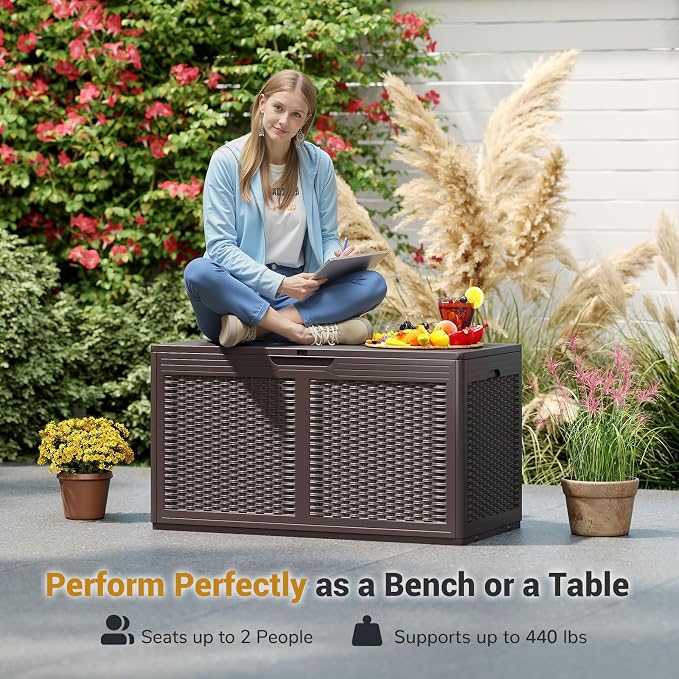 Tangkula 100 Gallon Outdoor Storage Box, Lockable Outdoor Storage Bench with 2 Smooth Wheels, Faux Rattan Surface, Waterproof Resin Deck Box for Outside Poolside Patio Garden (Brown)