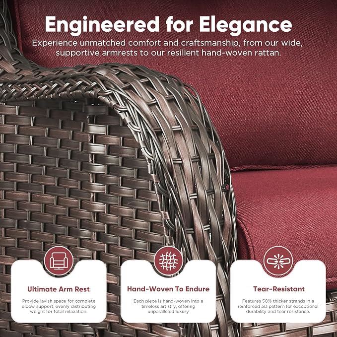 Belord 5 Piece Wicker Patio Furniture Set, Outdoor Swivel Rocker Chairs Set of 2 with Ottomans and 3 Seater Sofa, All Weather Patio Conversation Furniture Set, for Porch Pool, Brown Wicker/Red