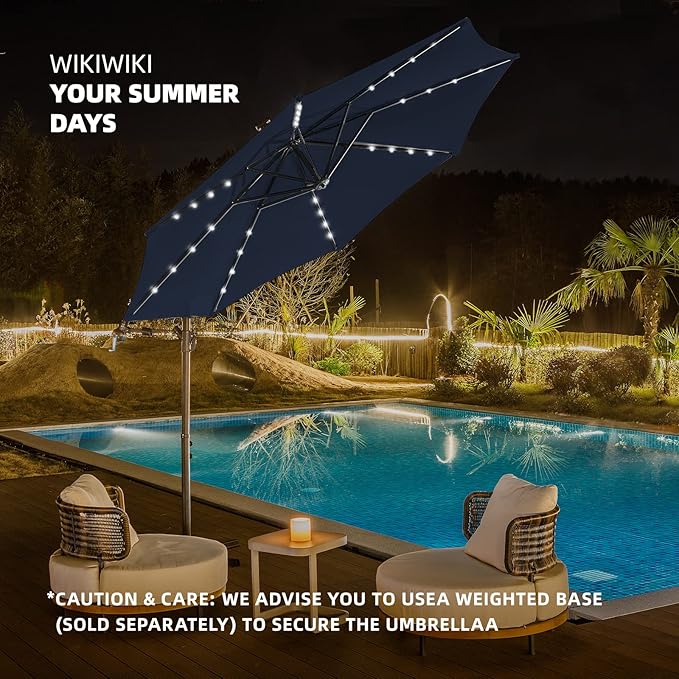 wikiwiki 10ft Solar LED Offset Hanging Market Cantilever Patio Umbrella for Backyard, Poolside, Lawn and Garden, Easy Tilt Adjustment, Polyester Shade & Cross Base, Navy