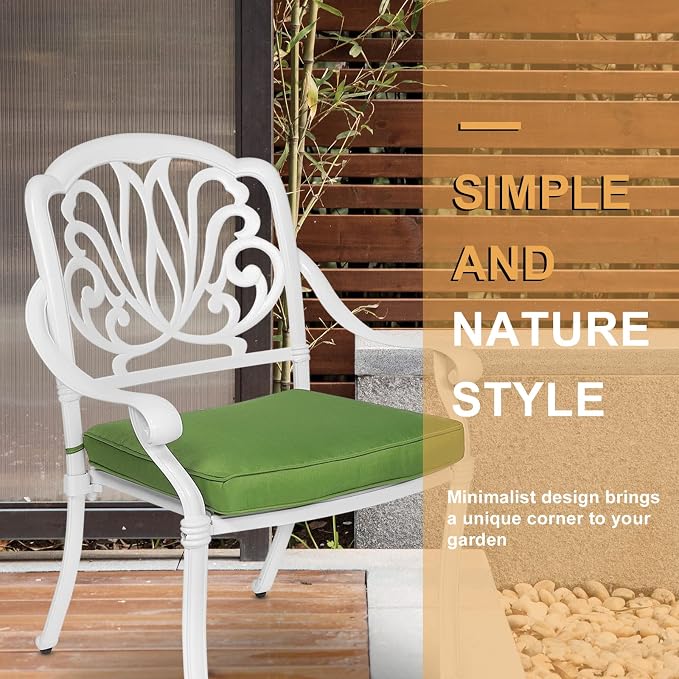 3-Piece Outdoor Patio Dining Set, All-Weather Cast Aluminum Patio Furniture Set for Backyard Garden Deck with 2 Cushioned Chairs and 35.4” Round Table, 2" Umbrella Hole, White
