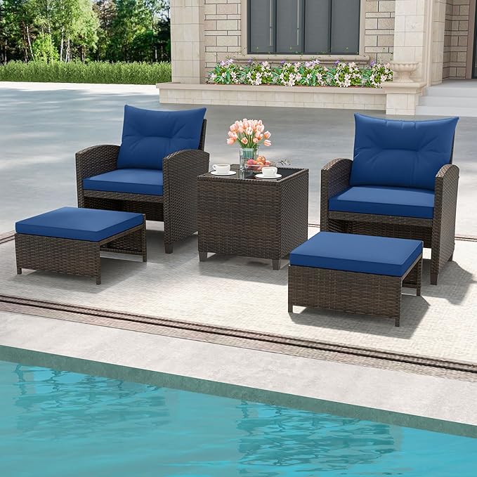 ORALNER 5 Pieces Patio Furniture Set with Ottoman, Wicker Conversation Set w/Cushions, Glass Coffee Table, Outdoor Rattan Lounger Chairs Bistro Set for Porch Balcony Garden Deck Poolside (Navy)