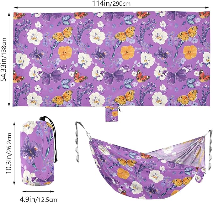 Camping Hammock Outdoor Hammocks for Outside White Flower Butterfly Purple Beach Trees Portable Lightweight with Pockets Tree Straps Indoor