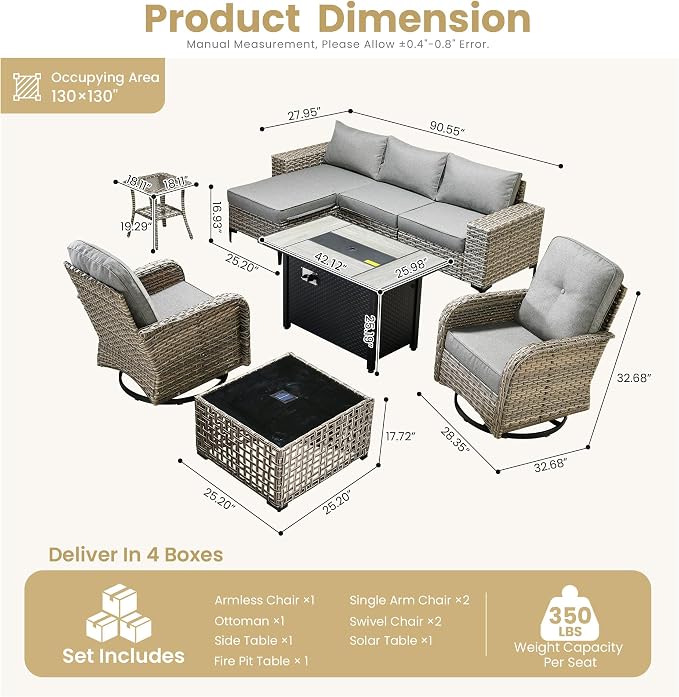 HOOOWOOO 9 Pieces Patio Furniture Set,L Shaped Outdoor Sectional Couch with Fire Pit Table, Pe Wicker All Weather Outside Conversation Sofa Swivel Chiars Solar Table Ottoman Set,Charcoal Gray