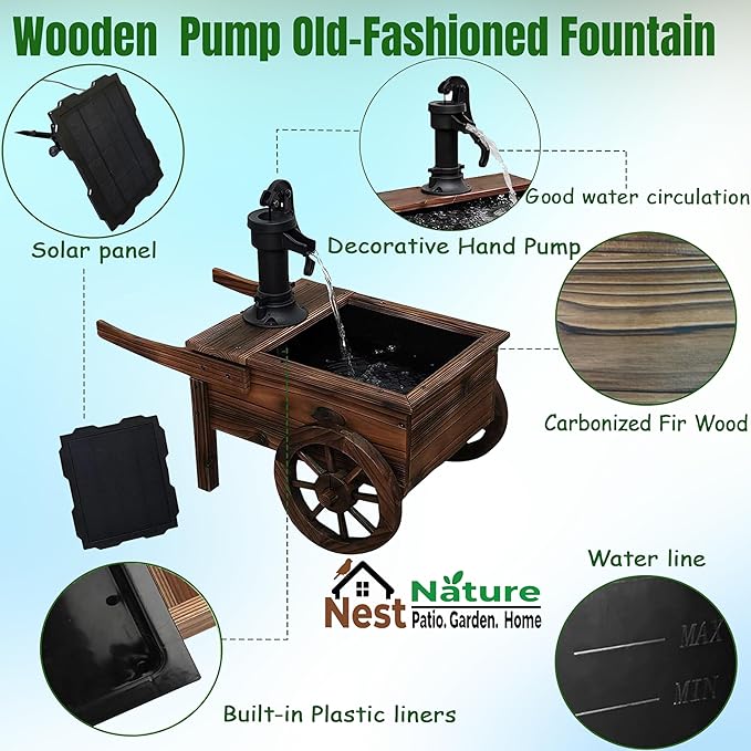 NestNature Outdoor Water Fountain,Wooden Wagon Wheel Pump Old-Fashioned Fountain,Solar-Powered Electric Decorative Hand Pump, Outdoor Water Feature for Patio, Garden & Indoor Decoration