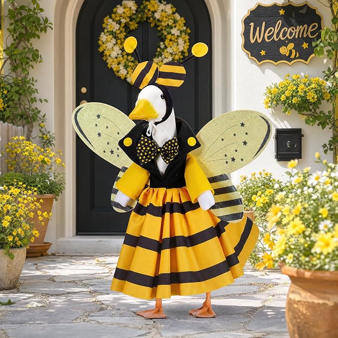 Summer Porch Goose Outfits for 23 Inch Lawn Statue | Funny Bee Costume for Plastic/Cement Statue, Seasonal Sculpture Clothes for Halloween Party Decoration