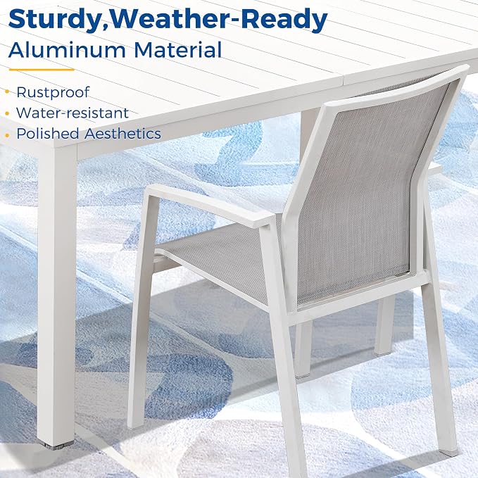Wisteria Lane Outdoor Patio Dining Set, 5 Piece Aluminum Modern Outdoor Table and Chairs Set for 4, Metal Expandable Patio Table & 4 Stackable Textilene Chairs for Balcony Deck Backyard, White
